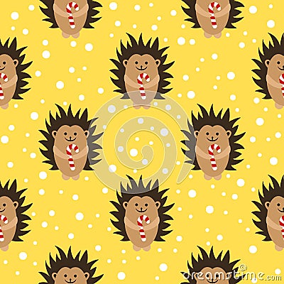 Christmas seamless pattern. The hedgehog holds a lollipop in its paws. Vector. Vector Illustration