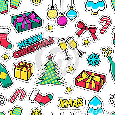 Christmas seamless pattern. Holiday icons, patches, stickers. Vector Illustration