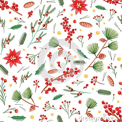 Christmas seamless pattern with holly leaves, poinsettia and mistletoe plants, pine cones and branches on white Vector Illustration