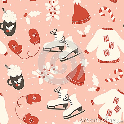 christmas seamless pattern with ice skating boots, gloves, winter sweather, candy cand, mistletoe, snowflakes Vector Illustration