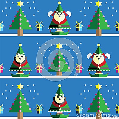 Christmas Seamless pattern with male and female elf with gifts with ribbon, snow, Xmas trees with pink, blue, orange lights an Vector Illustration