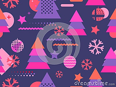 Christmas seamless pattern memphis with snowflakes and fir-trees. Great for brochures, promotional material Vector Illustration