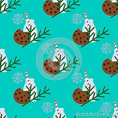 Christmas seamless pattern with milk, cookie and branch of Christmas tree Vector Illustration