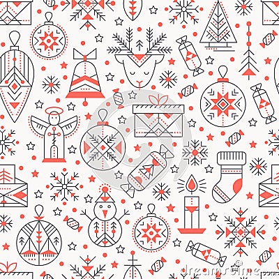 Christmas seamless pattern with outlined holiday and winter signs. Vector Illustration