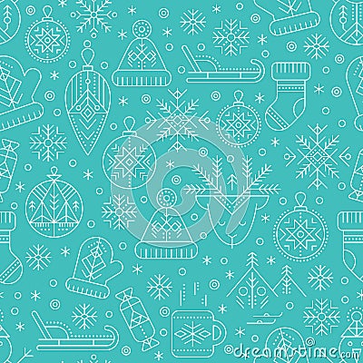 Christmas seamless pattern with outlined holiday and winter signs. Vector Illustration