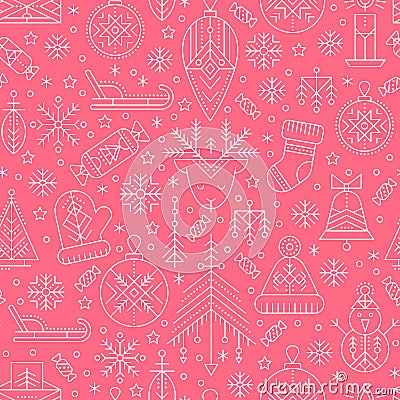 Christmas seamless pattern with outlined holiday and winter signs. Vector Illustration