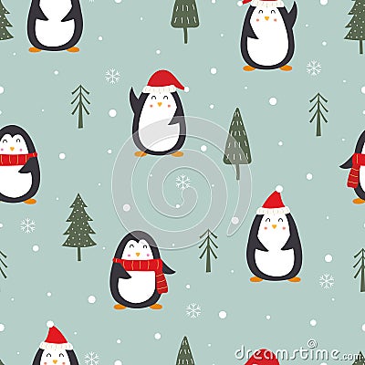 Christmas seamless pattern With penguins and pine trees on blue background Vector Illustration