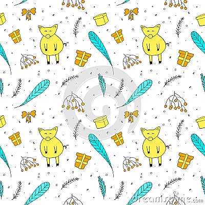 Christmas seamless pattern with pig, gifts, fir branches in hand drawn style. Vector Illustration