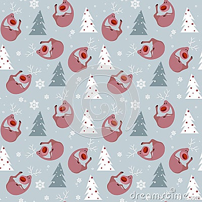 Christmas Seamless Pattern With Pine Tree And Deers Winter Holidays Ornament Wrapping Paper Background Concept Vector Illustration