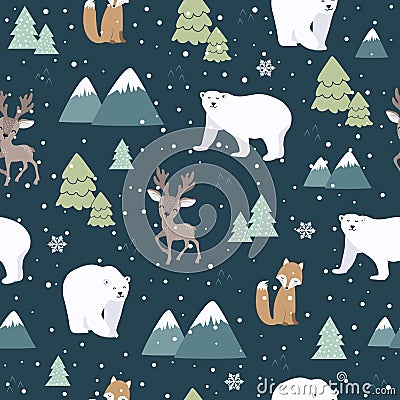 Christmas seamless pattern with polar bear background, Winter pattern with deer and fox, wrapping paper, pattern fills Vector Illustration