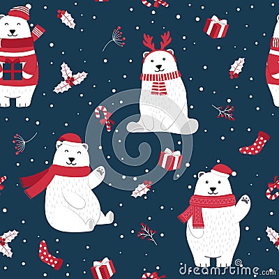 Christmas seamless pattern with polar bear background, Winter pattern with holly berry, wrapping paper, pattern fills Vector Illustration