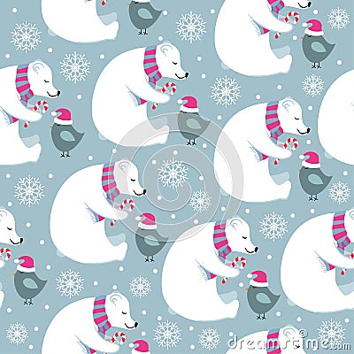 Christmas seamless pattern with polar bears and little birds Vector Illustration