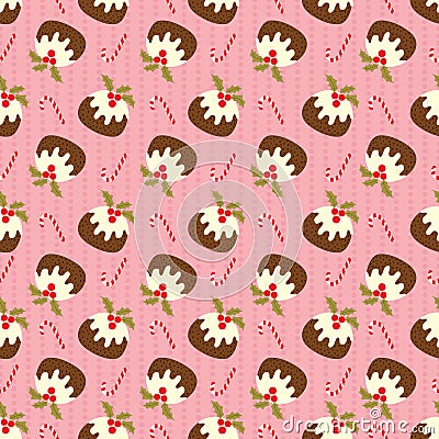 Christmas seamless pattern with pudding and candy cane on pink polka dots background. Cute holiday vector illustration Cartoon Illustration