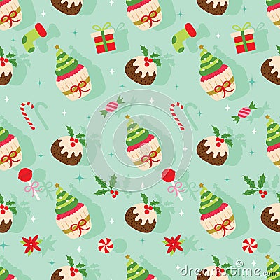 Christmas seamless pattern with pudding, cupcake, taffy, candy cane, socks, gift, etcâ€¦ on shadow background. Cartoon Illustration