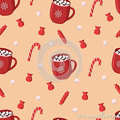 Christmas seamless pattern, red Cup of hot chocolate marshmallows and candy Stock Photo
