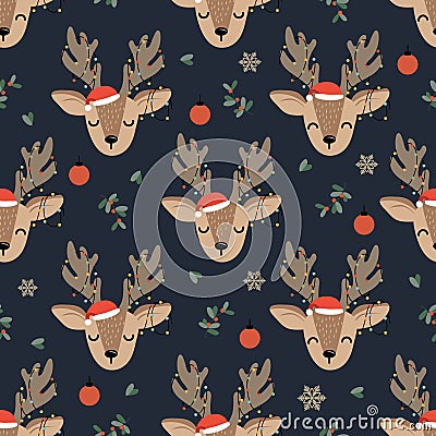 Christmas seamless pattern with reindeer background, Winter pattern with deer and decoration lights, wrapping paper Vector Illustration