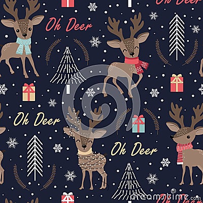 Christmas seamless pattern with reindeer background, Winter pattern with deer, wrapping paper, pattern fills Vector Illustration