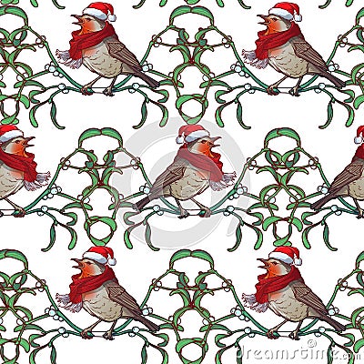 Christmas seamless pattern. Robin bird in a red christmas hat and skarf. Mistletoe twigs decorative frame. Vector Illustration