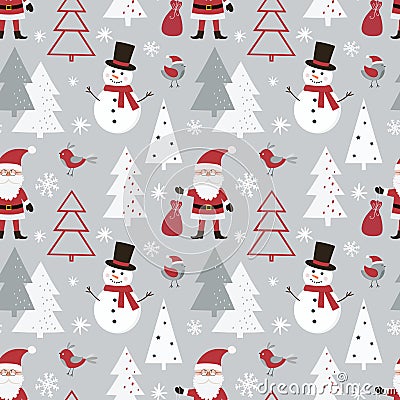 Christmas seamless pattern with Santa Claus, snowman, birds and christmas tree Vector Illustration