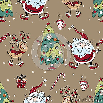 Christmas seamless pattern with Santa Claus, snowman and Christmas tree. Doodle style. Vector. Vector Illustration