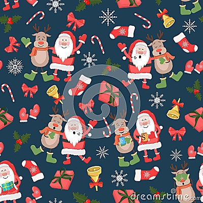 Christmas seamless pattern with Santa, deers and christmas stuff/ New Year holiday pattern Vector Illustration