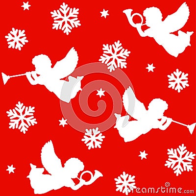 Christmas seamless pattern with silhouettes of angels, trumpets, snowflakes and stars, Vector Illustration