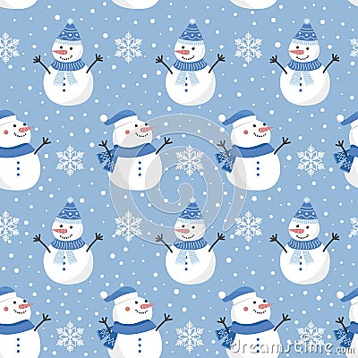Christmas seamless pattern with snowman on cool background, Winter pattern with snowflakes, wrapping paper, pattern fills Vector Illustration