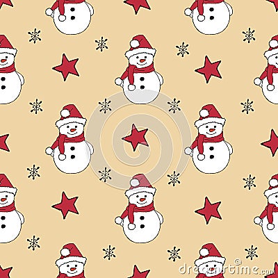 Christmas seamless pattern with snowman, fir trees and snowflakes. Perfect for wallpaper, wrapping paper, pattern fills Vector Illustration
