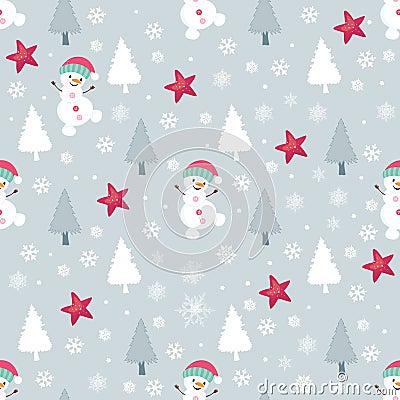 Christmas seamless pattern with snowman, christmas trees and stars a bright grey background for New Year, Christmas holiday, Stock Photo