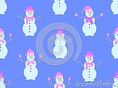 Christmas seamless pattern with snowmen made from three snowballs. A snowman with a carrot instead of a nose, wearing a scarf and Vector Illustration