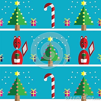 Christmas Seamless pattern with squirrel holding acorn with gifts with ribbon, snow, Xmas trees with pink, blue, orange lights Vector Illustration