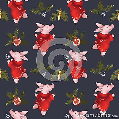 Christmas seamless pattern. Symbol of the year 2019 pig. New Year`s set. on a dark blue background. Stock Photo