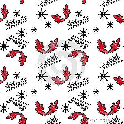 Christmas seamless pattern with tree on sled, red horns and snowflakes on white background. Stock Photo