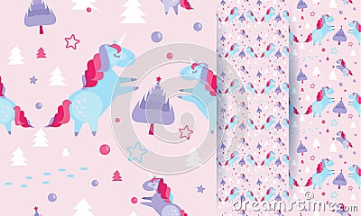 Christmas seamless pattern with unicorns, fir trees,balls, stars on pink background. Holiday template with Christmas unicorn and Vector Illustration