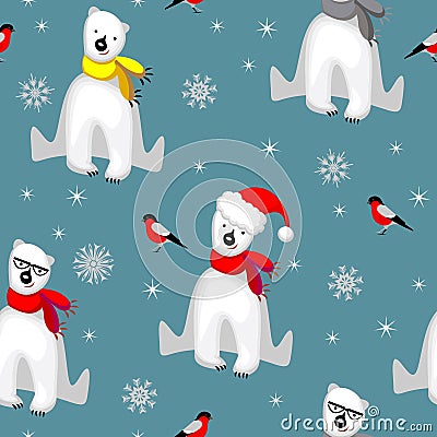 Christmas seamless pattern with white polar bear in scarf, snowflakes and bullfinch bird on cold blue backgrouns. Abstract winter Cartoon Illustration