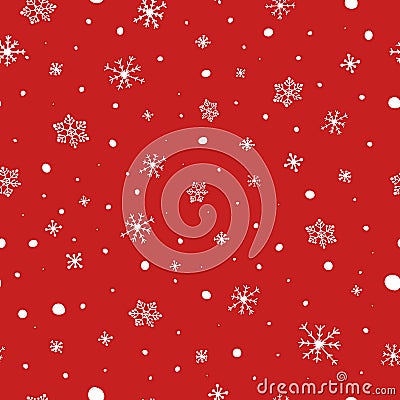 Christmas seamless pattern. White snowflakes on red background. Falling snow vector pattern. Winter Holidays texture Vector Illustration