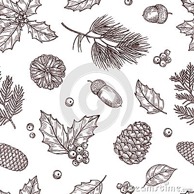 Christmas seamless pattern. Winter fir and pine branches with pine cones. Vintage vector wallpaper in traditional Vector Illustration