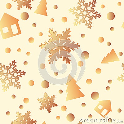 Seamless pattern with Christmas gift boxes, balls,pine, bows, snowflakes, houses and bokeh. Modern and original festive textile, Stock Photo