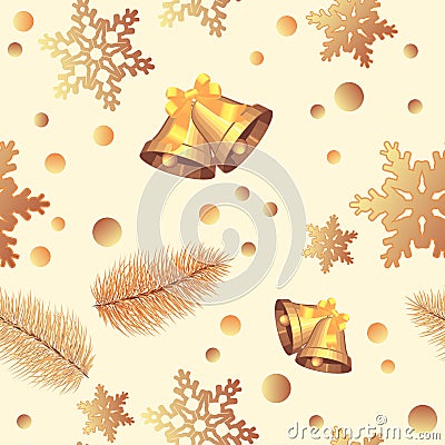 Seamless pattern with Christmas gift boxes, balls,pine, bows, snowflakes, houses and bokeh. Modern and original festive textile, Stock Photo