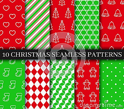 Christmas seamless patterns collection Seamless background with gingerbread, bells, socks, candycane, geometric ornament Vector Illustration
