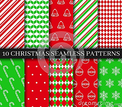 Christmas seamless patterns collection. Xmas New year texture. Bells, snowflakes, candycane ornament. Holiday wrapping Vector Illustration