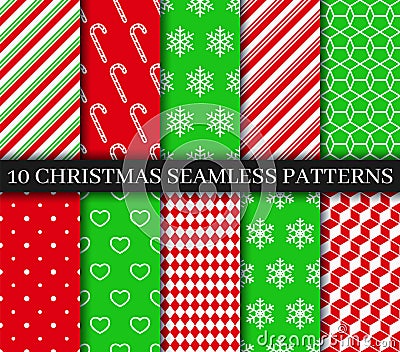 Christmas seamless patterns collection. Xmas New year texture. Seamless ornament with polka dot, snowflakes, geometric Vector Illustration