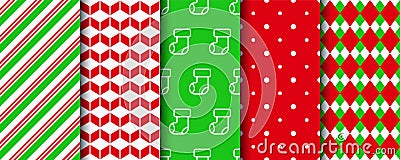 Christmas seamless patterns collection. Xmas wrapping paper swatches with xmas, candycane stripes, polka dot ornament Vector Illustration