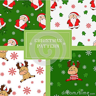 Christmas seamless patterns with cute deers and santas. Vector Illustration