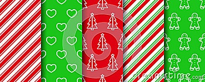 Christmas seamless patterns set. Festive seamless background with xmas, candycane and geometric fabric ornament Vector Illustration