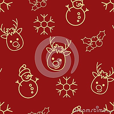 Christmas seamless red pattern with simple yellow icons. Snowman, snowflake, deer and holly berry. Vector Illustration