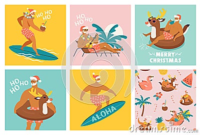 Christmas seamless set of card and pattern with cute funny Santa Claus animals with reindeer and flamingo inflatable Vector Illustration