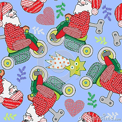 Christmas seamless theme, Vector Santa and motorbike, handmade illustration, pattern wrapping paper, Winter cute picture Cartoon Illustration
