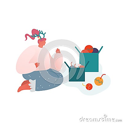 Christmas Season and Winter Family celebration, Woman sitting with presents and gifts, Xmas tree decoration Vector Illustration