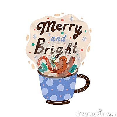 Christmas seasonal card with cup of cacao with marshmallow, gingerbread and cinnamon. Xmas composition with mug of hot Vector Illustration